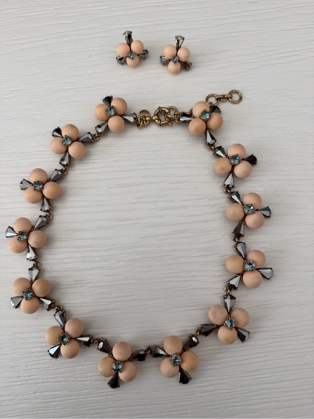 J. Crew Peach and Blue Crystal Floral Necklace with Studs